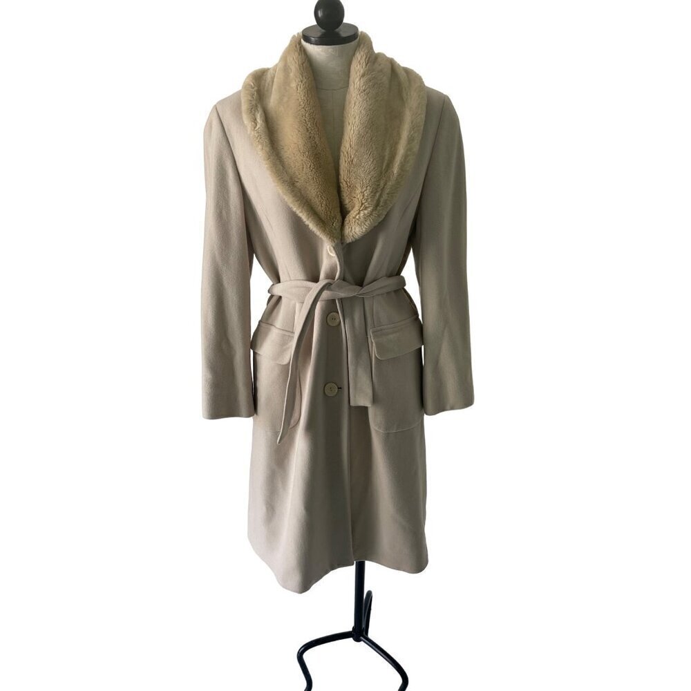 United Colors Of Benetton Vintage Womens Coat Size 44 Cream Trench Faux Fur